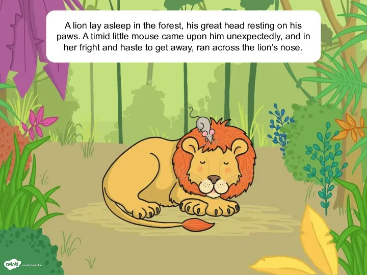 A lion lay asleep in the forest, his great head resting on