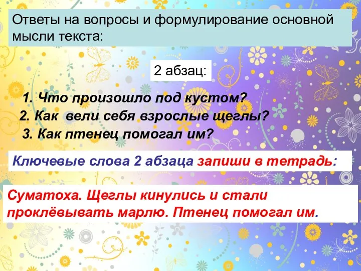 Ответы на вопросы и формулирование основной мысли текста: 1. Что произошло под