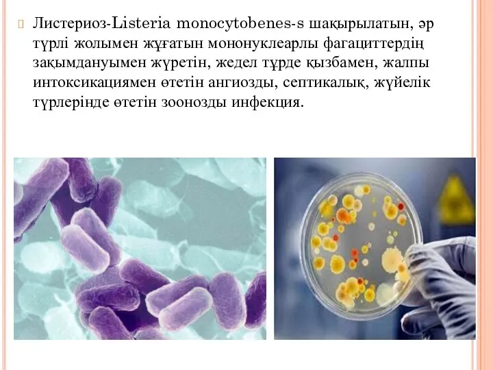 Листериоз-Listeria monocytobenes-s шақырылатын, әр түрлі жолымен жұғатын мононуклеарлы фагациттердің зақымдануымен жүретін, жедел