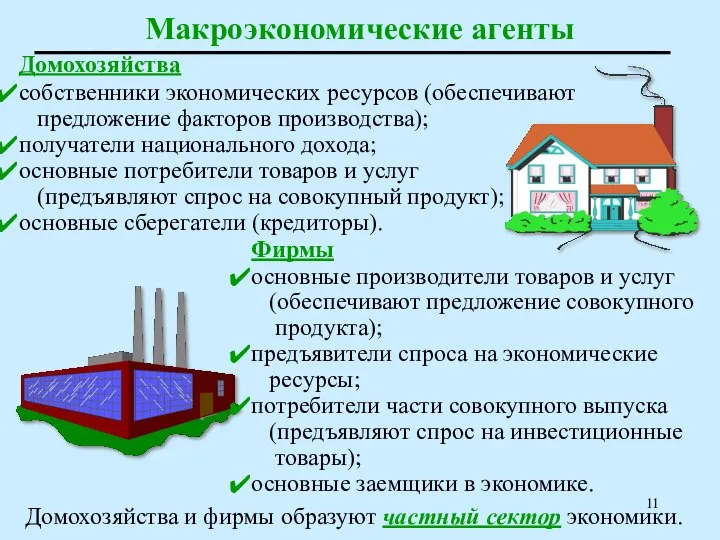 Макроэкономические агенты Домохозяйства собственники экономических ресурсов (обеспечивают предложение факторов производства); получатели национального