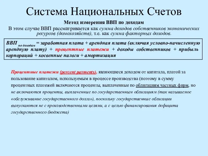 Система Национальных Счетов Метод измерения ВВП по доходам В этом случае ВВП