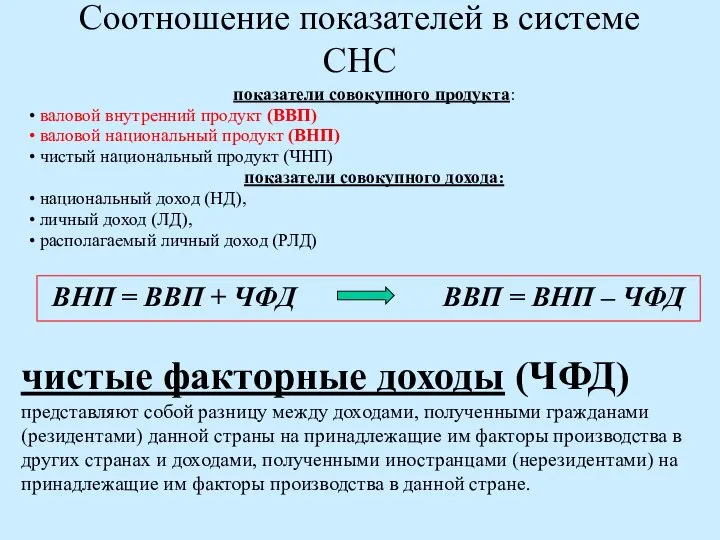 Соотношение показателей в системе СНС показатели совокупного продукта: валовой внутренний продукт (ВВП)