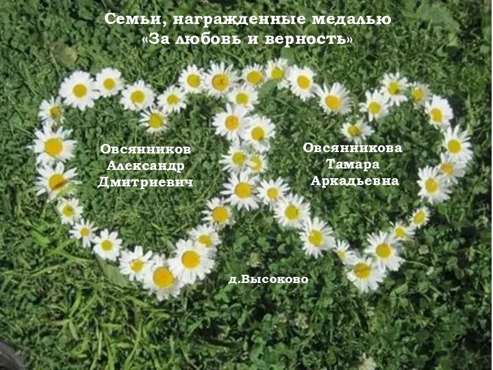 Семьи, награжденные медалью «За любовь и верность» Овсянников Александр Дмитриевич Овсянникова Тамара Аркадьевна д.Высоково