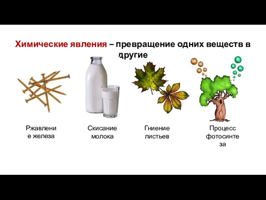 Химические явления – превращение одних веществ в другие Ржавление железа Скисание молока Гниение листьев Процесс фотосинтеза