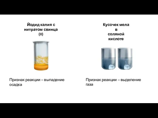 Йодид калия с нитратом свинца (II) Признак реакции – выпадение осадка Кусочек