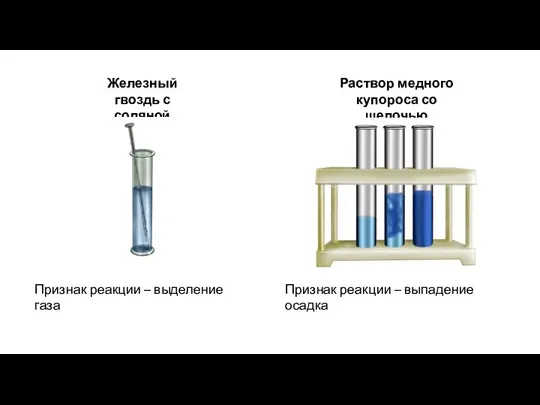 Железный гвоздь с соляной кислотой Признак реакции – выделение газа Раствор медного