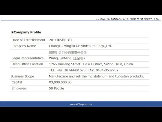 2017年6月20日 CHANGTU MINGJIU MOLYBDENUM CORP., LTD. www.MJTungsten.com