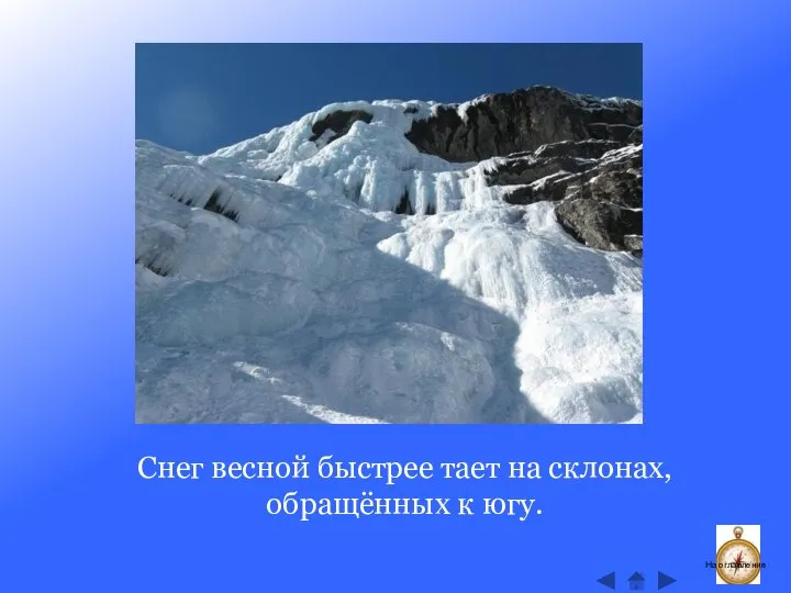 Снег весной быстрее тает на склонах, обращённых к югу. На оглавление