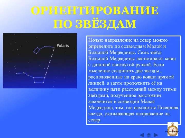 ОРИЕНТИРОВАНИЕ ПО ЗВЁЗДАМ Ночью направление на север можно определить по созвездиям Малой