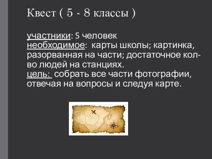 Квест ( 5 - 8 классы ) участники: 5 человек необходимое: карты