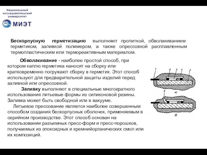 Бескорпусную герметизацию выполняют пропиткой, обволакиванием герметиком, заливкой полимером, а также опрессовкой расплавленным