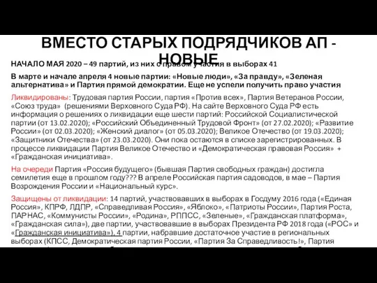 ВМЕСТО СТАРЫХ ПОДРЯДЧИКОВ АП - НОВЫЕ НАЧАЛО МАЯ 2020 – 49 партий,