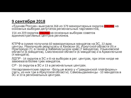 9 сентября 2018 «Единая Россия» выиграла 268 из 379 мажоритарных округов (70,7%)