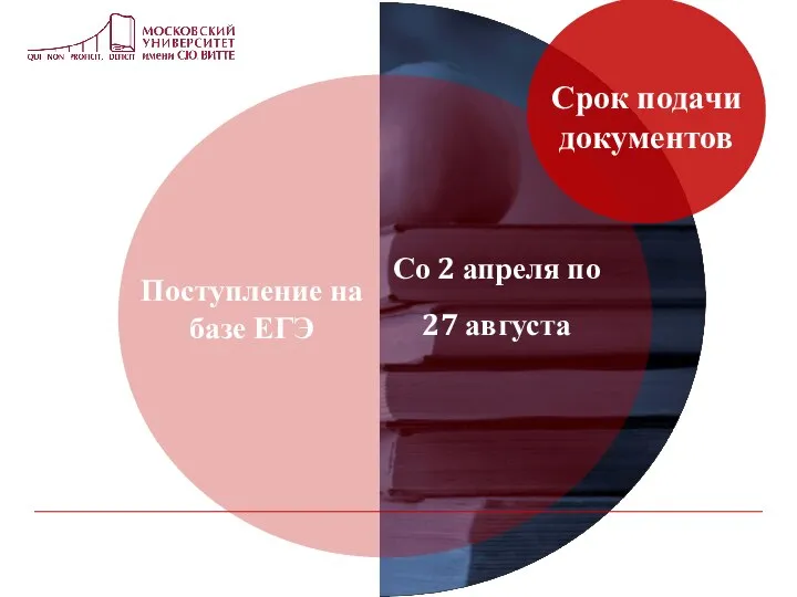 Срок подачи документов Со 2 апреля по 27 августа Поступление на базе ЕГЭ