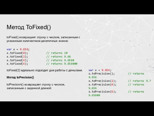 Метод ToFixed() toFixed() возвращает строку с числом, записанным с указанным количеством десятичных