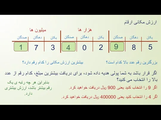 ارزش مکانی ارقام هزار ها میلیون ها یکان دهگان صدگان یکان دهگان