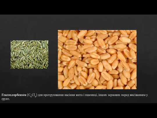 Гексахлорбензен (С6Сl6) для протруювання насіння жита і пшениці, інших зернових перед висіванням у ґрунт.