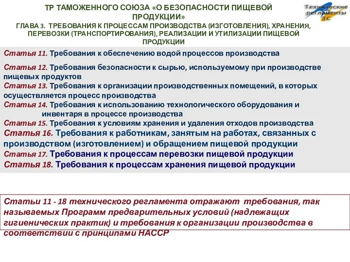 ТР ТАМОЖЕННОГО СОЮЗА «О БЕЗОПАСНОСТИ ПИЩЕВОЙ ПРОДУКЦИИ» ГЛАВА 3. ТРЕБОВАНИЯ К ПРОЦЕССАМ