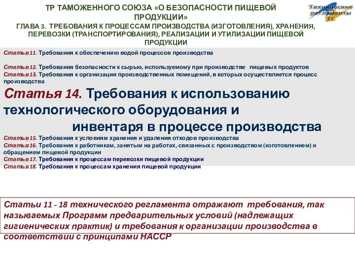 ТР ТАМОЖЕННОГО СОЮЗА «О БЕЗОПАСНОСТИ ПИЩЕВОЙ ПРОДУКЦИИ» ГЛАВА 3. ТРЕБОВАНИЯ К ПРОЦЕССАМ