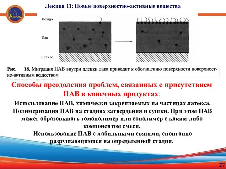 27 Лекция 11: Новые поверхностно-активные вещества Способы преодоления проблем, связанных с присутствием