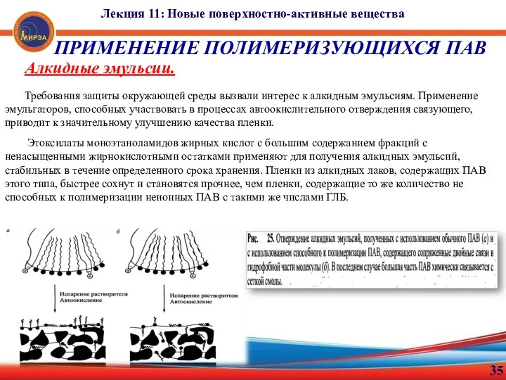 35 Лекция 11: Новые поверхностно-активные вещества ПРИМЕНЕНИЕ ПОЛИМЕРИЗУЮЩИХСЯ ПАВ Алкидные эмульсии. Требования