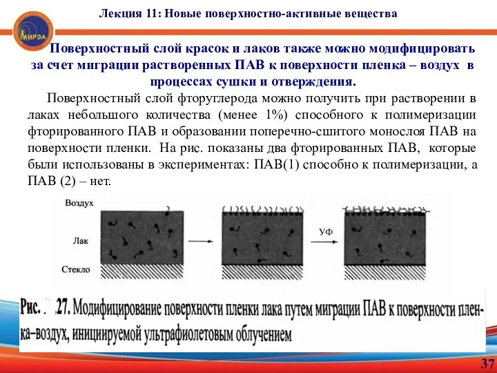 37 Лекция 11: Новые поверхностно-активные вещества Поверхностный слой красок и лаков также