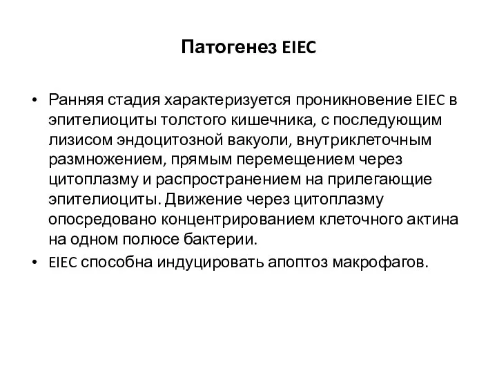 Патогенез EIEC Ранняя стадия характеризуется проникновение EIEC в эпителиоциты толстого кишечника, с