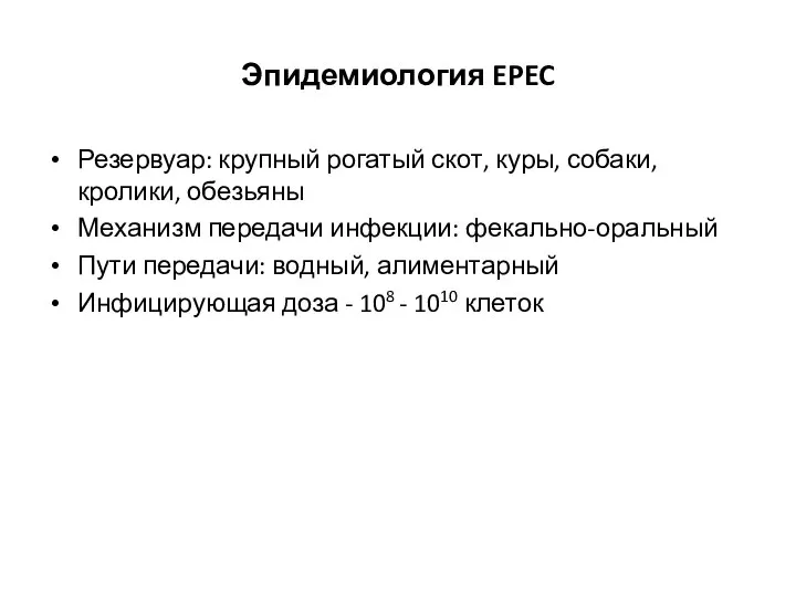 Эпидемиология EPEC Резервуар: крупный рогатый скот, куры, собаки, кролики, обезьяны Механизм передачи