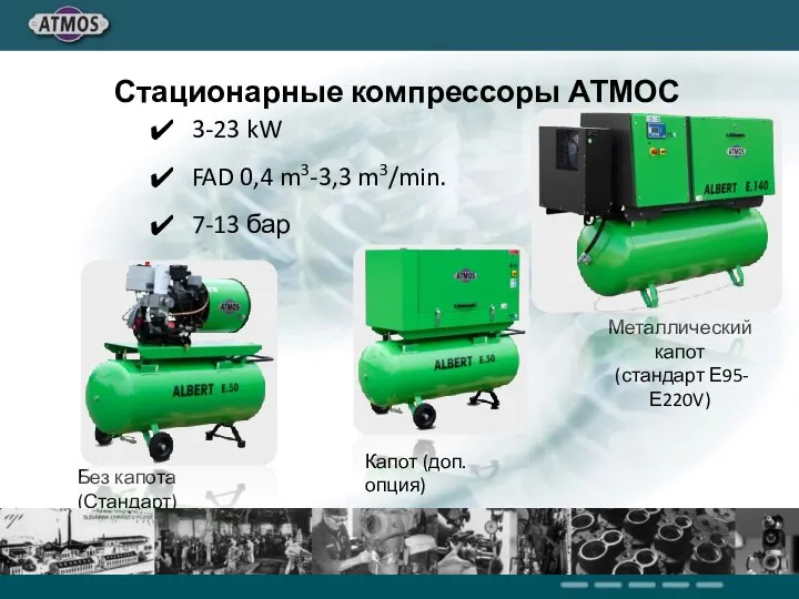 Металлический капот (стандарт Е95-Е220V) Без капота (Стандарт) 3-23 kW FAD 0,4 m3-3,3