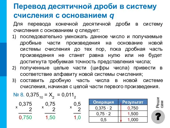 Перевод десятичной дроби в систему счисления с основанием q Для перевода конечной