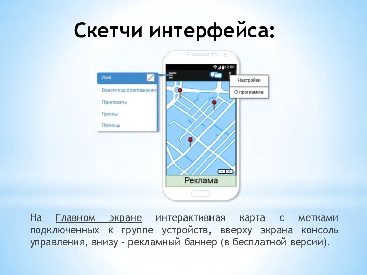 Скетчи интерфейса: На Главном экране интерактивная карта с метками подключенных к группе