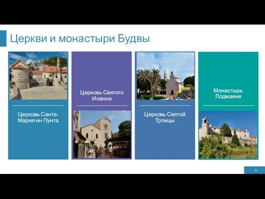 Церкви и монастыри Будвы Церковь Санта-Мария ин Пунта Церковь Святого Иоанна Церковь Святой Троицы Монастырь Подмаине