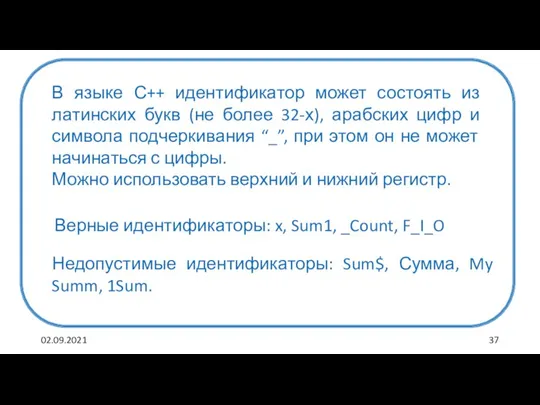 02.09.2021 Верные идентификаторы: x, Sum1, _Count, F_I_O Недопустимые идентификаторы: Sum$, Сумма, My