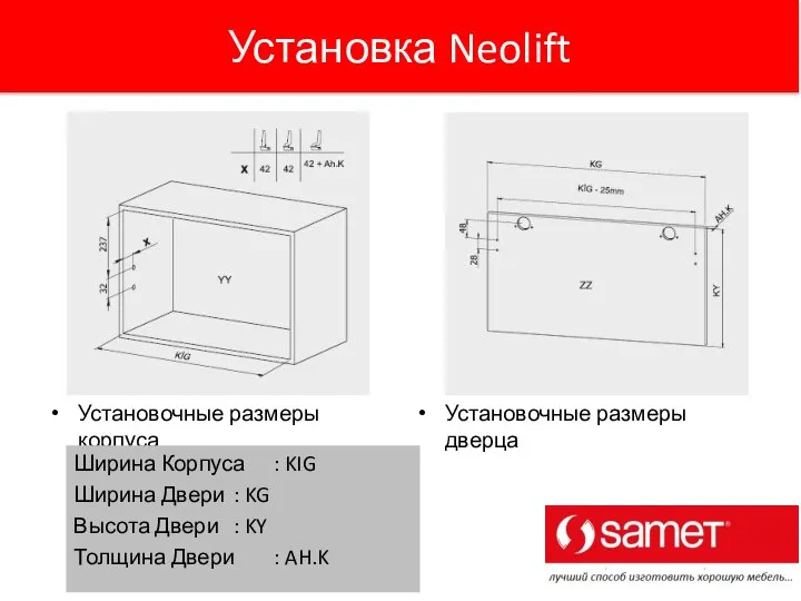 Установка Neolift Установочные размеры корпуса Установочные размеры дверца Ширина Корпуса : KIG