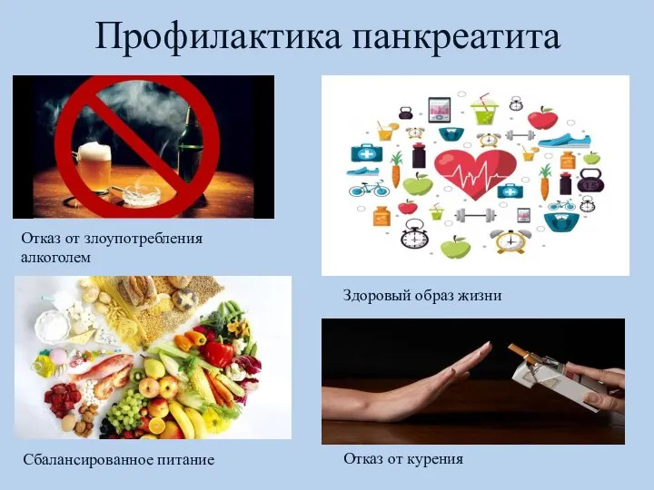 Профилактика панкреатита Отказ от злоупотребления алкоголем Здоровый образ жизни Сбалансированное питание Отказ от курения