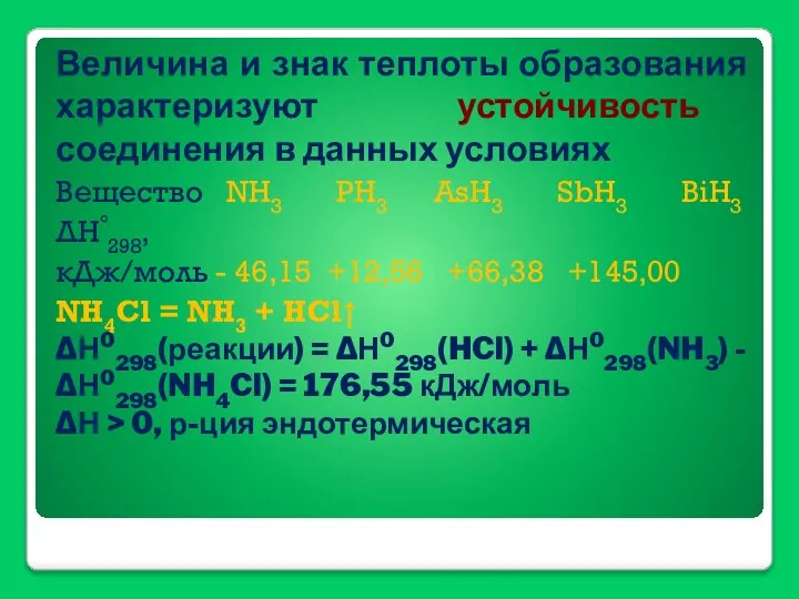 Величина и знак теплоты образования характеризуют устойчивость соединения в данных условиях Вещество