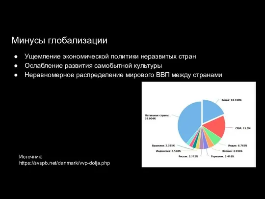 Минусы глобализации Ущемление экономической политики неразвитых стран Ослабление развития самобытной культуры Неравномерное