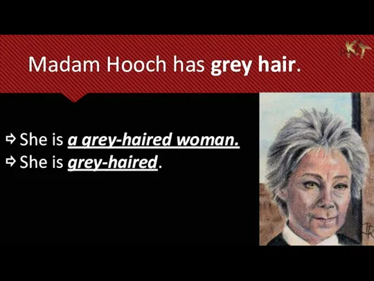 Madam Hooch has grey hair. ⇨ She is a grey-haired woman. ⇨ She is grey-haired.
