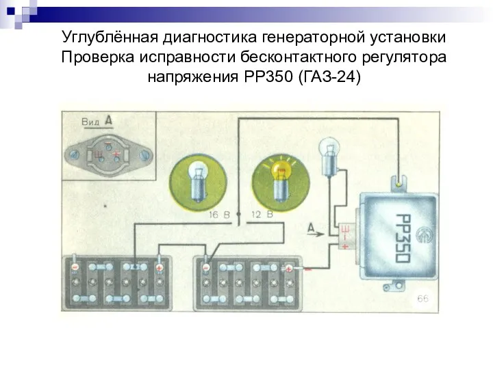 Углублённая диагностика генераторной установки Проверка исправности бесконтактного регулятора напряжения РР350 (ГАЗ-24)