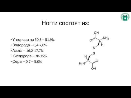 Ногти состоят из: Углерода на 50,3 – 51,9% Водорода – 6,4-7,0% Азота