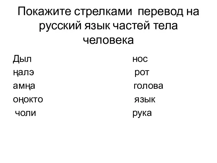 Покажите стрелками перевод на русский язык частей тела человека Дыл нос ңалэ