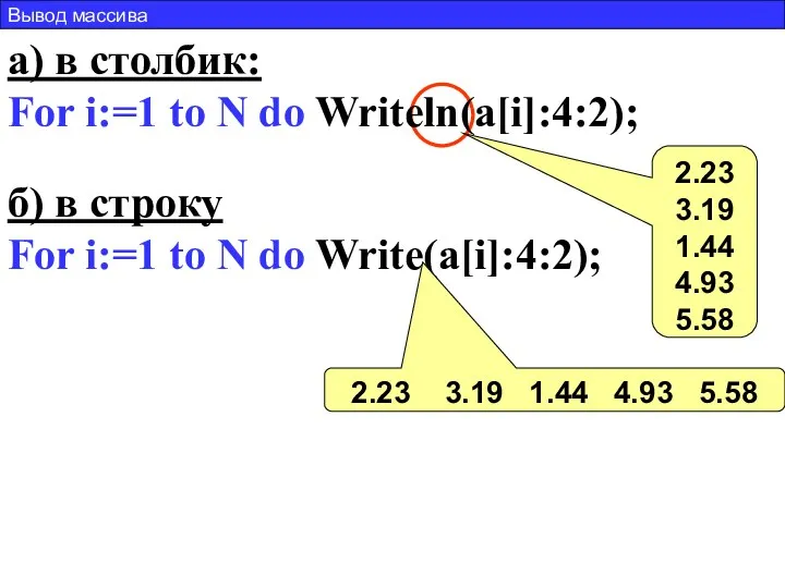 а) в столбик: For i:=1 to N do Writeln(a[i]:4:2); б) в строку