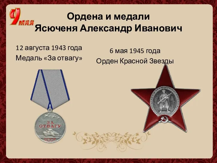 Ордена и медали Ясюченя Александр Иванович 12 августа 1943 года Медаль «За