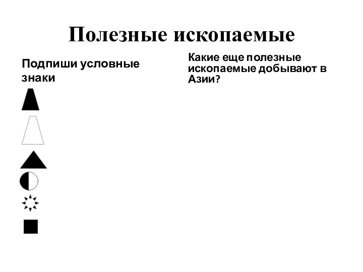 Полезные ископаемые Подпиши условные знаки Какие еще полезные ископаемые добывают в Азии?