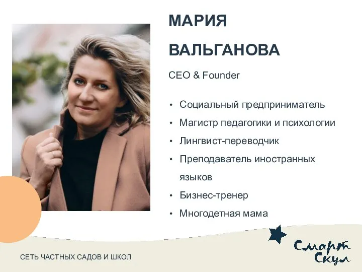 МАРИЯ ВАЛЬГАНОВА CEO & Founder Социальный предприниматель Магистр педагогики и психологии Лингвист-переводчик