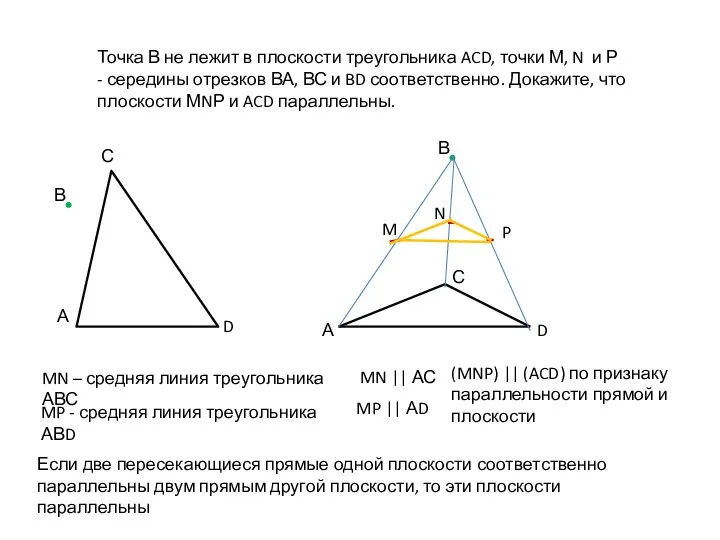 Точка В не лежит в плоскости треугольника ACD, точки М, N и