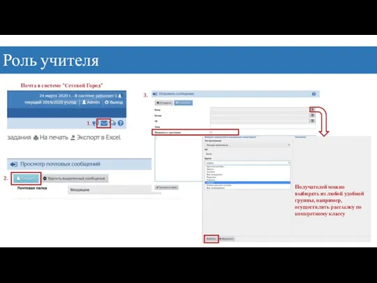 Роль учителя Почта в системе "Сетевой Город" 1. 2. 3. Получателей можно