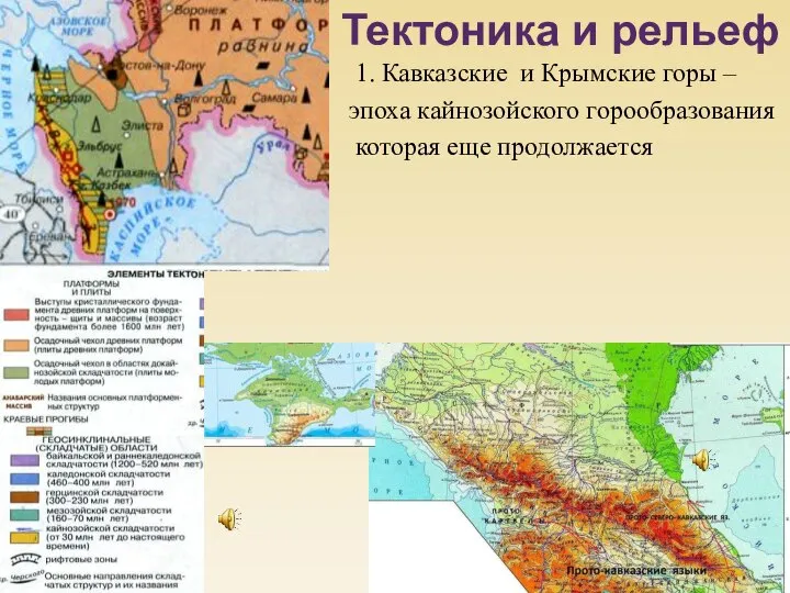 1. Кавказские и Крымские горы – эпоха кайнозойского горообразования которая еще продолжается . Тектоника и рельеф