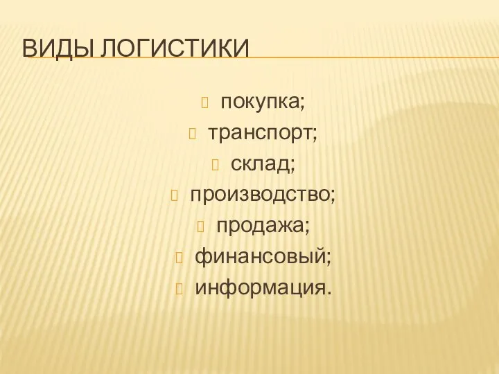 ВИДЫ ЛОГИСТИКИ покупка; транспорт; склад; производство; продажа; финансовый; информация.