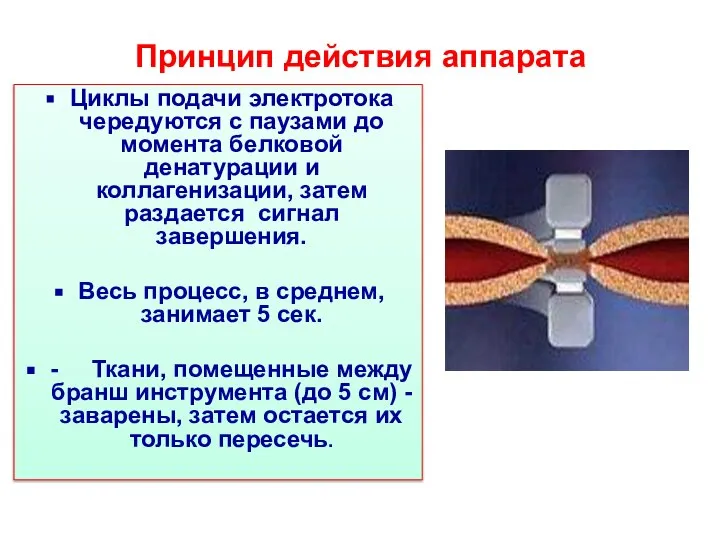 Принцип действия аппарата Циклы подачи электротока чередуются с паузами до момента белковой